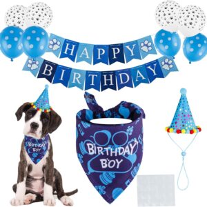 TCBOYING Dog Birthday Bandana, Dog Birthday Boy Hat Scarfs Flag Balloon with Cute Doggie Birthday Party Supplies Decorations (Style1, Blue)