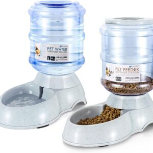 Flexzion Gravity Pet Food Water Feeder Dispenser Bundle Set (Large) for Dogs Cats Automatic Replenish Waterer Dry Food Storage Container Bowl, Small Medium Dog Cat Feeding Watering Fountain Supplies