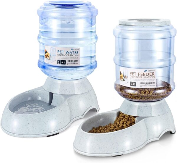 Flexzion Gravity Pet Food Water Feeder Dispenser Bundle Set (Large) for Dogs Cats Automatic Replenish Waterer Dry Food Storage Container Bowl, Small Medium Dog Cat Feeding Watering Fountain Supplies