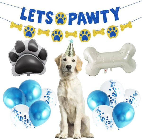 Dog Birthday Party Supplies Dog Birthday Hat Large Paw& Bone Balloon Paw Print Balloons Lets Pawty Banner for Pet Puppy Doggy Birthday Decorations