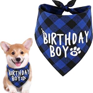 Dog Birthday Bandana, Plaid Printed Birthday Boy Bandana Washable Pets Birthday Party Supplies Cotton Triangle Dog Scarf for Small Medium Dogs Cats Costumes (Blue)