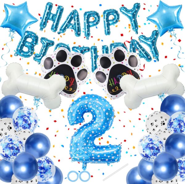 Dog 2st Birthday Party Supplies Balloons Decorations Set,33 Pcs-Balloons"Happy Birthday"Banner/Latex Balloons/Number2/Pentagram/Bone/Dog Paw Shape Aluminum Foil Balloons,for Pet Birthday Party(blue)