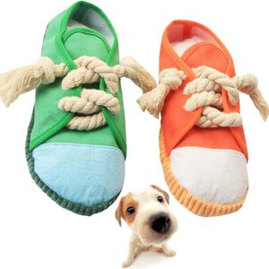 Yueser Dog Chew Shoe Toy, 2 Pcs Dog Squeaky Chew Toy Funny Shoes Sound Toy Slipper Pet Supplies Teeth Cleaning Bite Sound Toy for for Small and Medium Pets (Orange,Green)