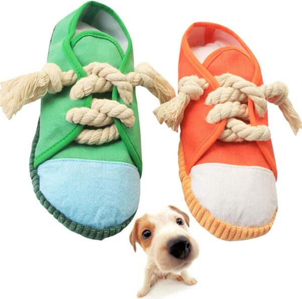 Yueser Dog Chew Shoe Toy, 2 Pcs Dog Squeaky Chew Toy Funny Shoes Sound Toy Slipper Pet Supplies Teeth Cleaning Bite Sound Toy for for Small and Medium Pets (Orange,Green)