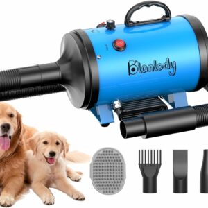 Blanlody Dog Hair Dryer Blaster 3200W/4.5HP Pet Grooming Hair Dryer Low Noise Temperature Heater with 4 Different Nozzles and Pet Grooming Brush