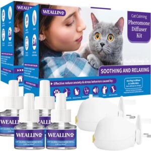 WEALLIN Cat Pheromone Diffuser - Cat Calming Plug-in Relieve Anxiety & Stress - 6-in-1 Cat Pheromones Calming Diffuser Kit with 2 Diffusers + 4 refill 48ml Vial - 4 Months of Comfort and Relaxation