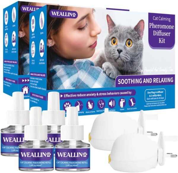 WEALLIN Cat Pheromone Diffuser - Cat Calming Plug-in Relieve Anxiety & Stress - 6-in-1 Cat Pheromones Calming Diffuser Kit with 2 Diffusers + 4 refill 48ml Vial - 4 Months of Comfort and Relaxation