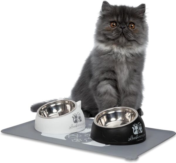 Cat Bowls Cat Food Water Bowl Cat Food Mat Wipe Clean Feeding & Watering Supplies for Cats Raised Cat Bowl Cat Feeding Mat Bowl Cat Accessories Kitten Bowls (Grey + Black + White) - Image 9