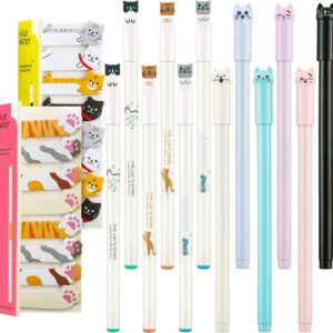 12 Pieces Cute Cat Pens Cats Design Gel Ink Pens Kawaii Writing Pen and 320 Pieces Cute Cat Sticky Notes Page Bookmarks Flags Tab for Cat Lovers Kids Stationery School Office Supplies(Classic Style)