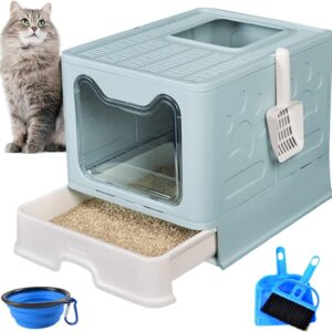 kathson Large Foldable Cat Litter Box with Drawer Enclosed Cat Potty Tray with Lid Top Entry Toilet Anti-Splashing Cat Supplies with Plastic Scoop Easy Clean No Smell Kitty Toilet (Blue)