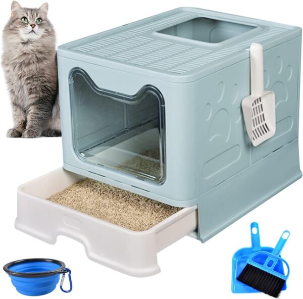 kathson Large Foldable Cat Litter Box with Drawer Enclosed Cat Potty Tray with Lid Top Entry Toilet Anti-Splashing Cat Supplies with Plastic Scoop Easy Clean No Smell Kitty Toilet (Blue)