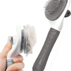 Dog Brush Cat Brush Grooming Comb,Self Cleaning Cat Dog Slicker Brushes with Smooth handle,Pet Grooming Tool with Cleaning Button for Cat Dog Shedding Tools Cat Dog Massage Clean Tangled Brush (Grey)