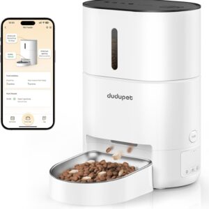 DUDUPET Automatic Cat Feeder, 4L Cat Food Dispenser Cat Feeder Automatic, 2.4G WIFI Remote Control Dual Power Supply, 10-Second Voice Recording, Stainless Steel Bowl, Suitable for Small Dogs and Cats