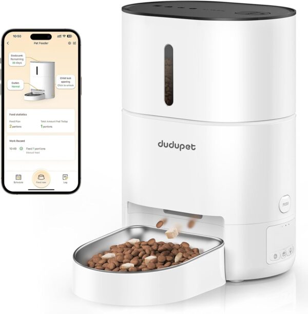 DUDUPET Automatic Cat Feeder, 4L Cat Food Dispenser Cat Feeder Automatic, 2.4G WIFI Remote Control Dual Power Supply, 10-Second Voice Recording, Stainless Steel Bowl, Suitable for Small Dogs and Cats