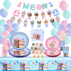 210 Pcs Cat Party Supplies Decorations Set, Kitten Dinnerware Including Happy Birthday Banner Macaron Balloons Dinner Plates Dessert Plates Napkins Cups Cupcake Toppers - Serves 20