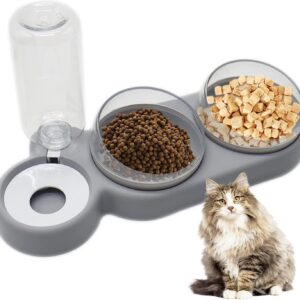 Double Cat Bowls, 3 in 1 Automatic Cat Water Dispenser Cat Food Dispenser Pet Bowls Set 15° Tilted Water and Food Bowls Cat Set Perfect Feeding Bowls for Cats and Small Dogs (Style A)