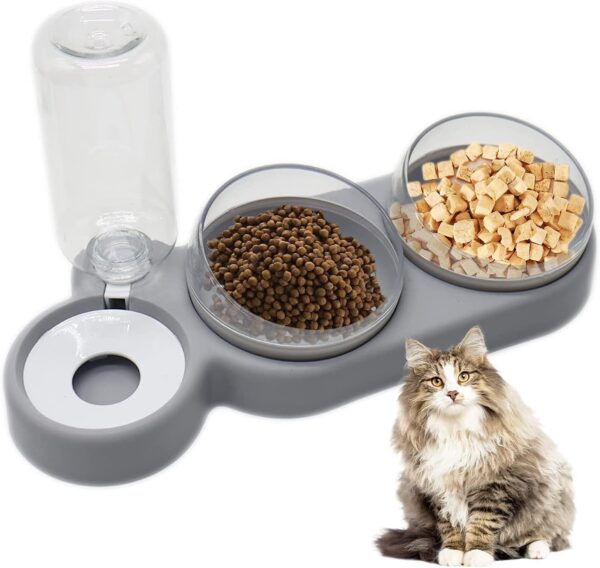 Double Cat Bowls, 3 in 1 Automatic Cat Water Dispenser Cat Food Dispenser Pet Bowls Set 15° Tilted Water and Food Bowls Cat Set Perfect Feeding Bowls for Cats and Small Dogs (Style A)