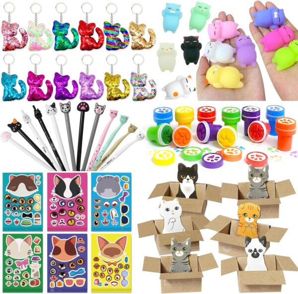 Moltby Cat Party Favors for Kids - 72Pcs Cat Themed Birthday Party Supplies, Cat Themed Gifts for Girls, Cat Keychains Sticky Notes Cat Pens for Cat Lovers, Goodie Bags Stuffers for Girls Birthday