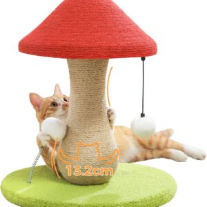 PAWZ Road Cute Cat Scratching Post, Mushroom Cat Scratcher with 100% Sisal Covered Scratching Post & Pompoms Cat Toy, Mushroom Cat Post for Indoor Cats