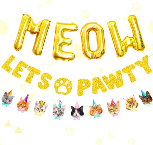 LaVenty Funny Cat Birthday Meow Balloons Lets Pawty Banner Meow Let's Pawty Banner Pet Kitten's Birthday Party Backdrops Pet Cats Party Supplies Photo Props