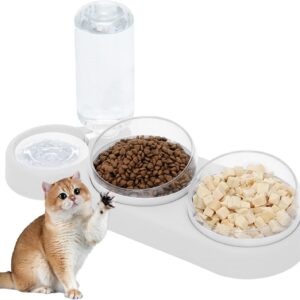 TUAKIMCE Gravity Water and Double Food Bowls,Triple Cat Bowls Automatic Pet Feeder Cat Wet and Dry Food Bowl Set Automatic Water Dispenser Pet Bowls Set for Small or Medium Size Dogs Cats (WHITE)