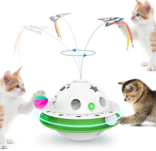 Tyasoleil 3 in 1 Smart Cat Toys, Interactive Cat Toy, Kitten Toys, Automatic Cat toy, Dual Power Supplies, Auto On/Off, Fluttering Butterfly, Random Moving Ambush Feather