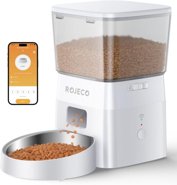 ROJECO Automatic Cat Feeder, 2.4G WiFi APP Control Cat Feeder, Dual Power Supply Pet Feeder with Stainless Steel Bowl, Time & Portion Programmable 10 Meals, 1 to 20 Portions Per Meal Suitable for Pet