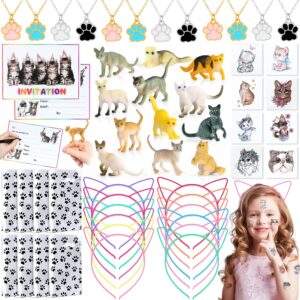 Cat Party Favours Girls Party Bag Fillers with Cat Ears Headband Invitation Cards Cat Figures Tattoos Cat Paw Necklaces Gift Bags Cat Birthday Party Supplies for Kids