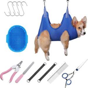 Allazone Pet Grooming Hammock for Cats Dogs Kit, Pet Supplies Kit Breathable Dog Hammock Restraint Bag with Nail Clippers,Trimmer, Nail File, Pet Comb for Bathing Washing Trimming Nail, Blue