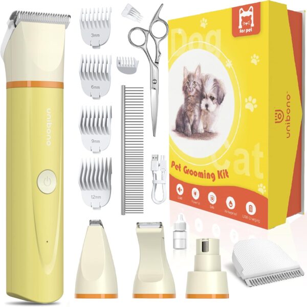 Unibono Dog Grooming Clipper Kit, Rechargeable Pet Clipper for Dogs & Cats, Strong but Quiet for Paws, Eyes, Ears, Face with Grooming Scissors Comb, Yellow