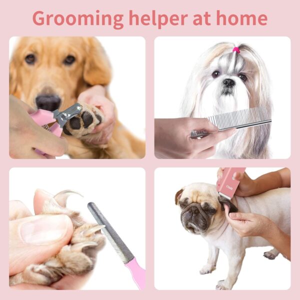 Dog Grooming Kit Electric Pet Paw Trimmer Low Noise Cordless Dog Clippers for Dog Cat Home Hair Grooming,Waterproof Pet Grooming Tools with 9-Pieces (Pink) - Image 4