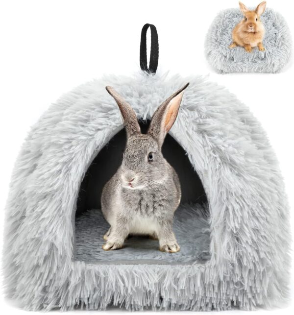 Sbayool Calming Rabbit Bed House, Cozy and Warm Rabbit Hideaway Guinea Pig Bed House with Movable Pad for Rabbits Guinea Pigs Hedgehogs Ferrets and Other Small Pets, Grey