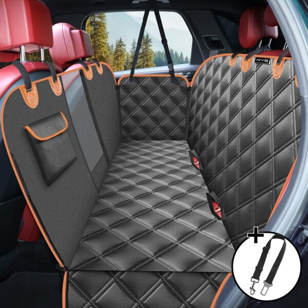 KYG Dog Car Seat Cover Dog Hammock For Car Back Seats With Side Protection And Mesh Visual Window, Durable Scratch Proof And Waterproof Pet Car Seat Cover For Cars/Trucks/Suv 135 X 148 Cm Black&Orange