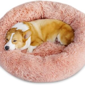 Timormode Calming Dog Beds for Small Medium Large Dogs, Washable Donut Dog Bed Cuddler with Soft Fluffy Cushion, Round Plush Cats Dogs Pet Bed Dark Pink XL (90cm)