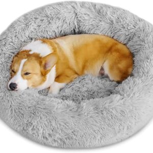 Timormode Calming Dog Beds for Small Medium Large Dogs, Washable Donut Dog Bed Cuddler with Soft Fluffy Cushion, Round Plush Cats Dogs Pet Bed Light Grey M (60cm)