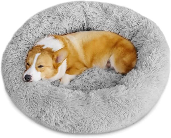 Timormode Calming Dog Beds for Small Medium Large Dogs, Washable Donut Dog Bed Cuddler with Soft Fluffy Cushion, Round Plush Cats Dogs Pet Bed Light Grey M (60cm)