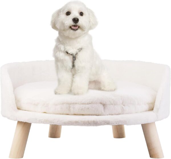 BingoPaw Cat Sofa Chair Bed: Elevated Nordic Pet Stool Bed with Removable Waterproof Mat - Raised Plush Fur Dog Kitten Couch with Wooden Legs Frame (Dia 60cm)