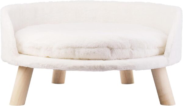 BingoPaw Cat Sofa Chair Bed: Elevated Nordic Pet Stool Bed with Removable Waterproof Mat - Raised Plush Fur Dog Kitten Couch with Wooden Legs Frame (Dia 60cm) - Image 8