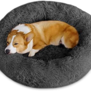 Timormode Calming Dog Beds for Small Medium Large Dogs, Washable Donut Dog Bed Cuddler with Soft Fluffy Cushion, Round Plush Cats Dogs Pet Bed Dark Grey M (60cm)