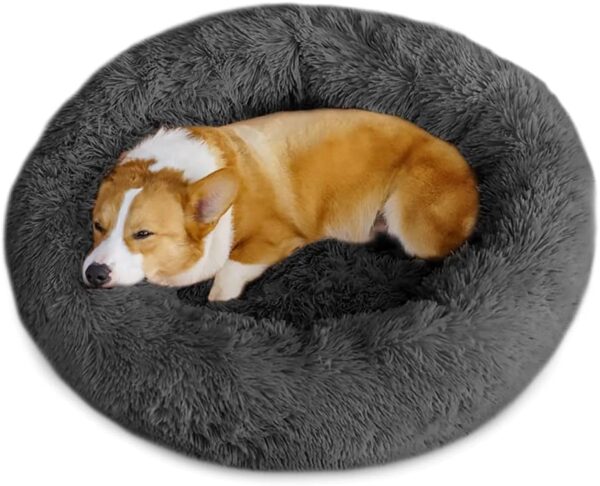 Timormode Calming Dog Beds for Small Medium Large Dogs, Washable Donut Dog Bed Cuddler with Soft Fluffy Cushion, Round Plush Cats Dogs Pet Bed Dark Grey M (60cm)