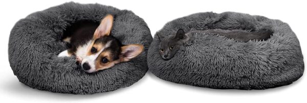 Timormode Calming Dog Beds for Small Medium Large Dogs, Washable Donut Dog Bed Cuddler with Soft Fluffy Cushion, Round Plush Cats Dogs Pet Bed Dark Grey M (60cm) - Image 2