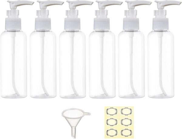 Apstaqeoo 6Pcs 100ML Empty Travel Bottles Plastic Pump Bottle Lotion Dispenser Bottle Set Refillable Makeup Cosmetic Container TSA Approved for Toiletries Shampoo Massage Cleansing Oil (Transparent)