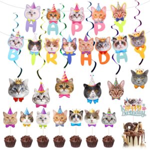 17pcs Cat Birthday Party Supplies, Cat Party Decorations Including Happy Birthday Banner Hanging Swirl Birthday Cake Topper Cupcake Topper for Cat Theme Party Birthday Party