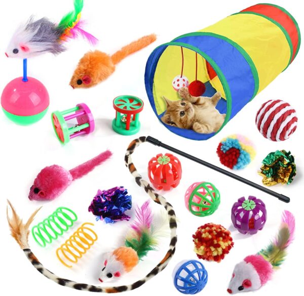 20 Pcs Cat Toys for Indoor Kitten, Collapsible Tunnel, Interactive Feather Wand Ball Spring Mice Toy for Puppy Kitty