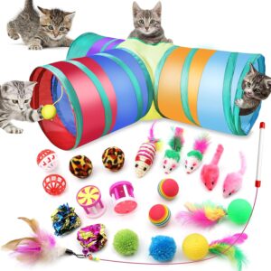 21 PCs Cat Indoor Interactive Toys Kitten Toys Including Three-Hole Tunnel Teaser Wand Golf with Feather Balls and mice