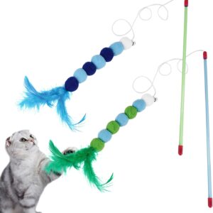 2Pcs Cat Feather Toys,Cat Wand Toys with Bell and Plush Balls,Colourful Interactive Kitten Teaser Pet Toy Wire Chaser Wand Teaser Feather for Cat Indoor Playing Exercising Interactive Training