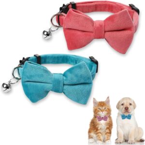 2pcs Plush Cat Collars with Bells and Bow Tie, Adjustable Quick Release Cat Collar Breakaway Cute Christmas Themed Kitten Collar for Kitten Puppy Pet Party Supplies Accessories