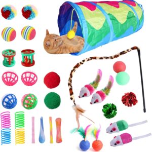 32 Pcs Cat Interactive Toys Indoor Cat Foldable Tunnel Toy Set, Cat Toy Tunnel, Plush Balls, Crinkle Balls, Fluffy Mice, Feather Lures,Cat Teasing Sticks,Cat Toy Supplies