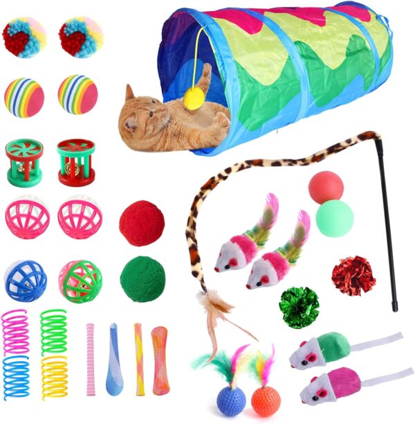 32 Pcs Cat Interactive Toys Indoor Cat Foldable Tunnel Toy Set, Cat Toy Tunnel, Plush Balls, Crinkle Balls, Fluffy Mice, Feather Lures,Cat Teasing Sticks,Cat Toy Supplies