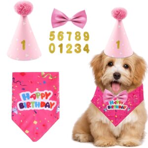 4 Piece Set Pet Birthday Party Supplies, Dog Triangle Scarf, Birthday Hat, Dog Bow Tie, Gold Pink Digital Patch, Pet Party Celebration Decorations for Small, Medium, Large Pets (Pink)